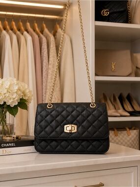 Black Quilted Chain Shoulder Bag with Gold Hardware